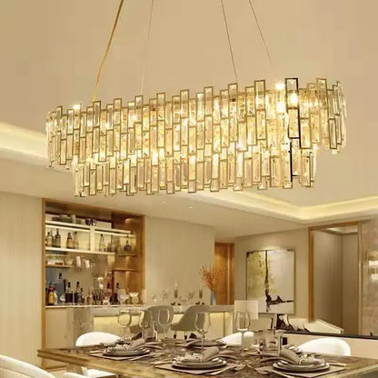 Luxury gold steel crystal rectangular pendant chandelier with cascading clear crystal bars for dining room decorbites gold steel