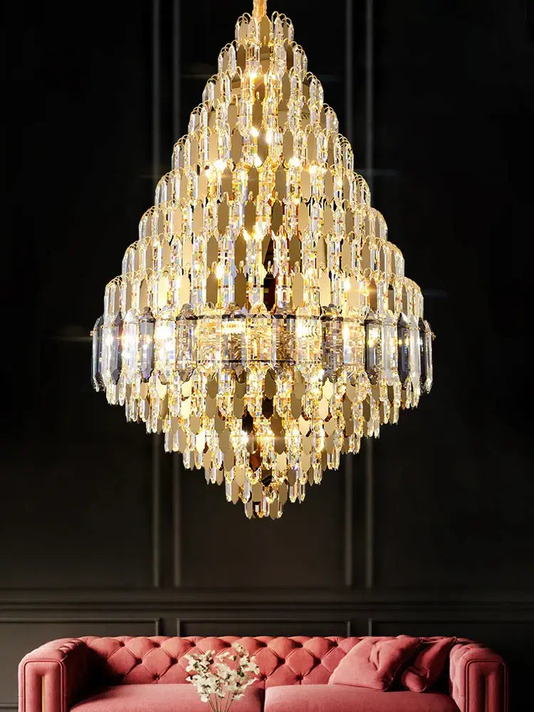 Luxury gold tiered crystal pendant chandelier with cascading glass elements and warm lights for dining room decorbites crystal pendant