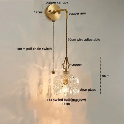 Antique brass copper wall sconce with dangling decorbites crystal glass shade and adjustable 70cm twisted cord