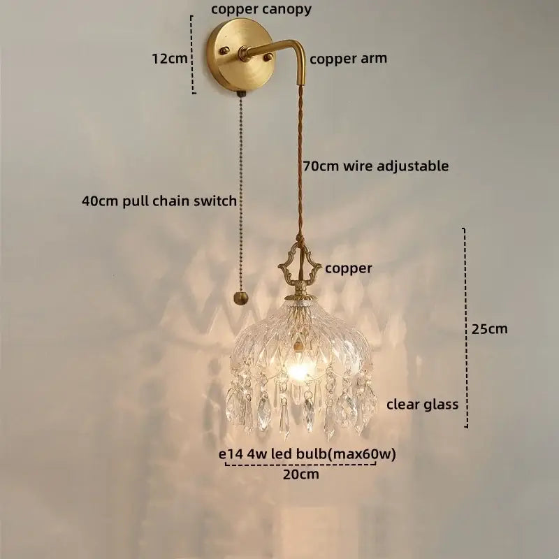 Antique brass wall sconce with clear decorbites crystal glass chandelier shade and gold twisted cord for stair lighting
