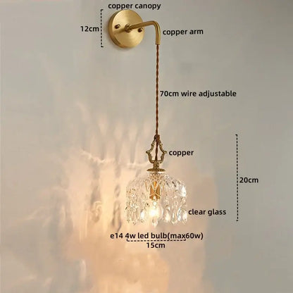 Luxury gold twisted cord wall sconce with antique brass-finished copper and decorbites crystal glass led pendant