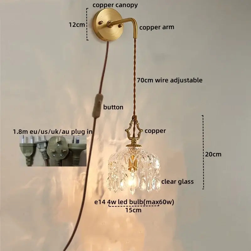 Luxury gold twisted cord wall sconce with antique brass finish copper and decorbites crystal glass led pendant light