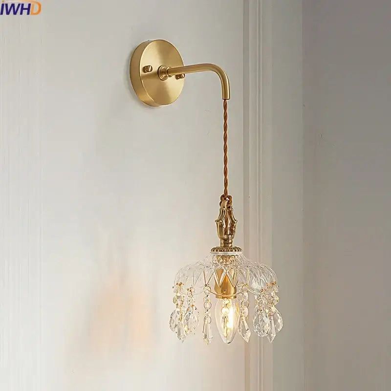 Luxury gold wall sconce with twisted cord and decorbites crystal glass led chandelier-style stair light