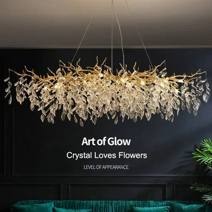 Luxury golden branch ceiling chandelier with cascading clear crystal leaves emitting warm glow for living room decorbites golden branch