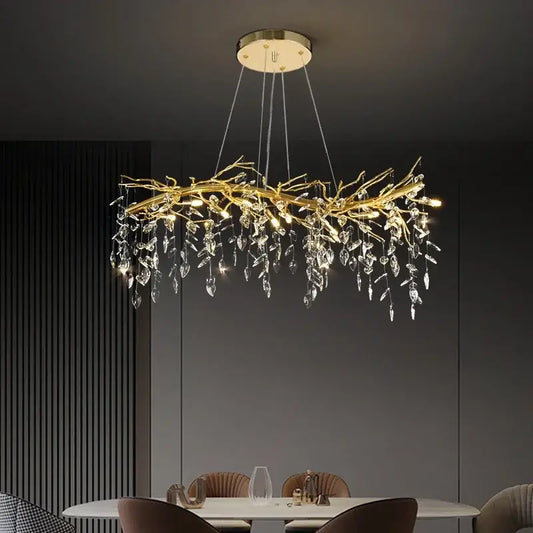 Luxury golden branch ceiling crystal chandelier with gold-toned branch design and dangling crystal leaves for dining room decorbites golden branch