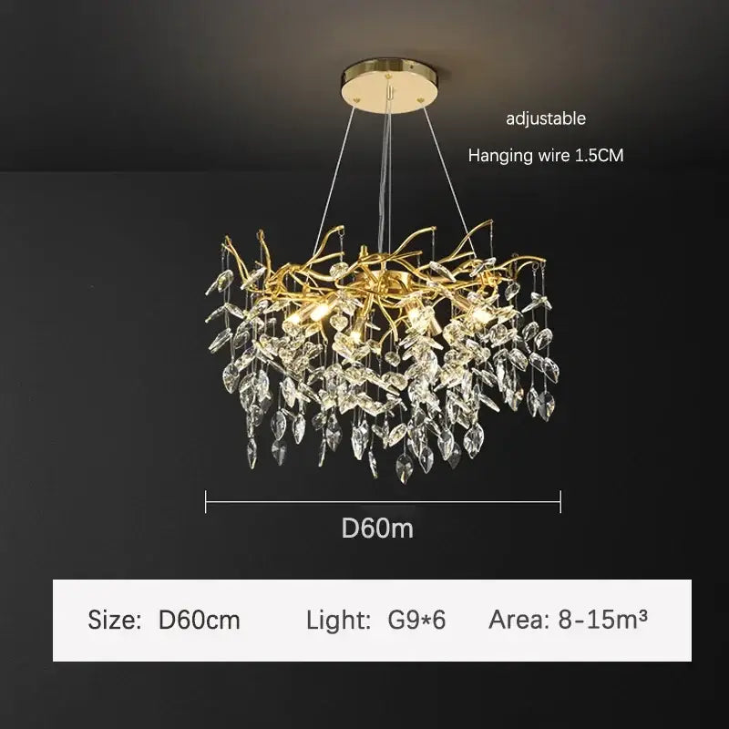 Luxury golden branch ceiling crystal chandelier with intricate gold-toned metalwork and dangling crystal leaf pendants