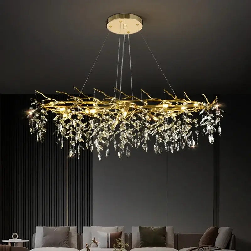 Luxury golden branch ceiling crystal chandelier with dangling crystal leaves for elegant dining room decorbites golden branch