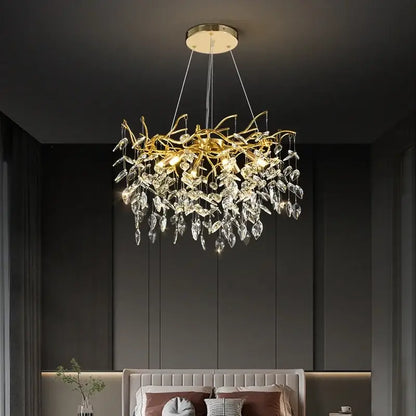 Luxury golden branch ceiling crystal chandelier with intricate gold-toned branches and dangling crystal leaves for dining room decorbites golden branch
