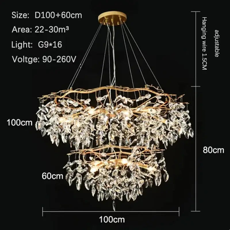Luxury golden branch ceiling crystal chandelier with gold-toned cascading leaves for modern or rustic decorbites interiors