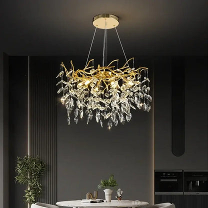 Luxury golden branch ceiling crystal chandelier with gold-toned branching arms and dangling crystal teardrop pendants for dining room decorbites golden branch