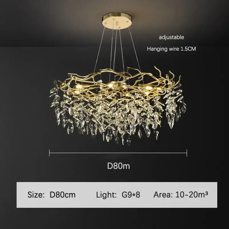 Luxury golden branch ceiling crystal chandelier with gold-toned intricate metalwork and cascading clear crystal leaves ideal for dining room decorbites golden branch