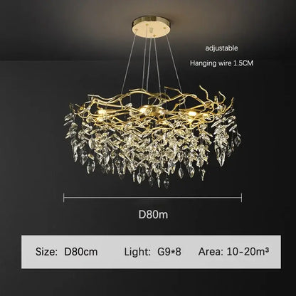 Luxury golden branch ceiling crystal chandelier with gold-toned intricate metalwork and cascading clear crystal leaves ideal for dining room decorbites golden branch