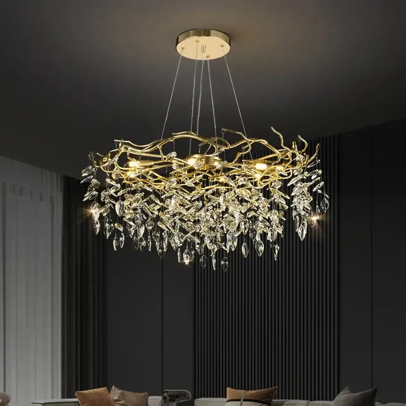 Luxury golden branch ceiling crystal chandelier with cascading clear crystal leaves for dining room decorbites golden branch