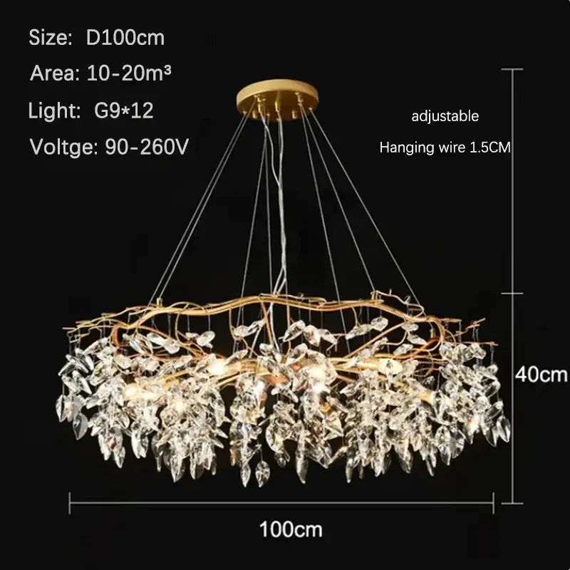 Luxury golden branch ceiling crystal chandelier with gold-toned leaf-shaped droplets for modern rustic decorbites interiors