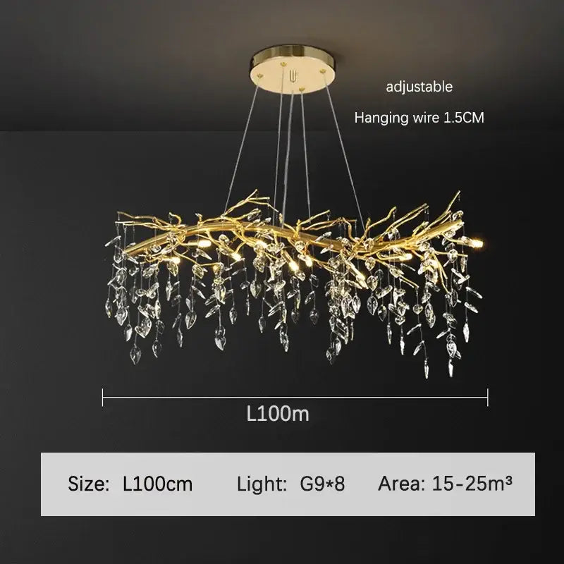 Luxury golden branch ceiling crystal chandelier with gold-toned branches and dangling crystal droplets for dining room decorbites golden branch