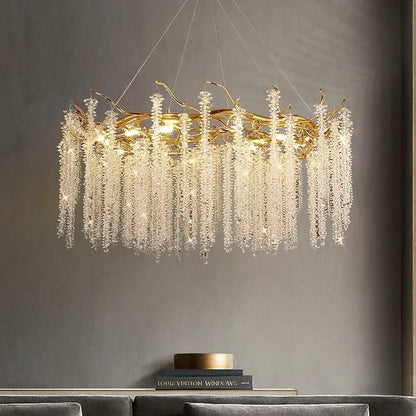 Luxury golden branch crystal tassel led chandelier with cascading clear crystals for dining room decorbites crystal tassel