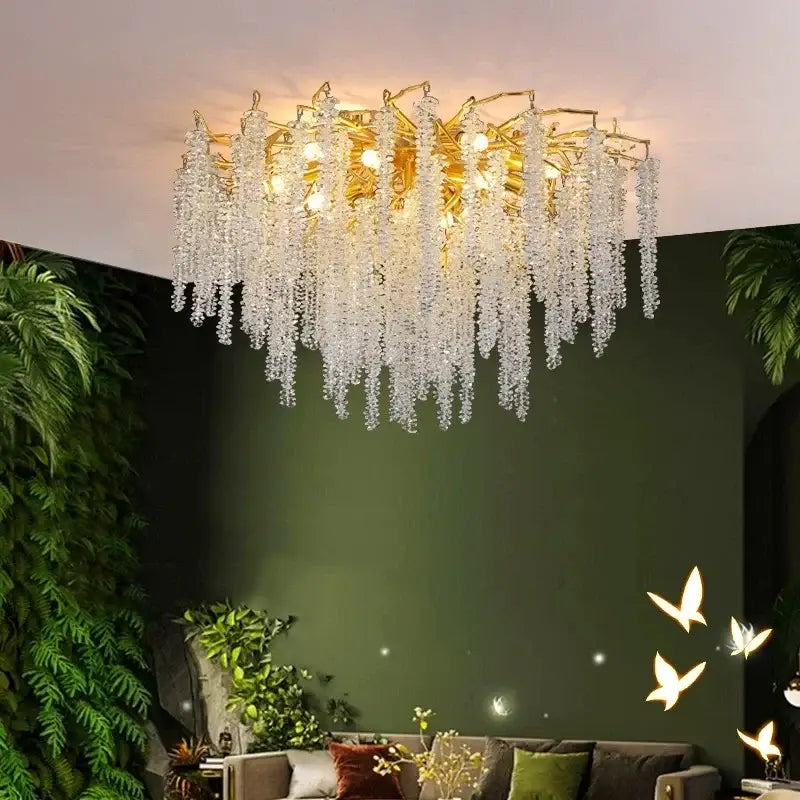 Luxury golden branch crystal tassel led chandelier with clear crystal droplets for dining room decorbites crystal tassel