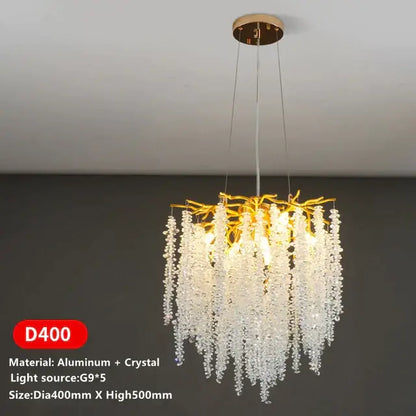 Luxury golden branch crystal tassel led chandelier with clear crystal droplets made of aluminum and crystal for dining room decorbites crystal tassel