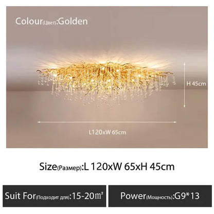 Luxury golden crystal ceiling chandelier with intricate branch-like metalwork and teardrop decorbites crystal droplets