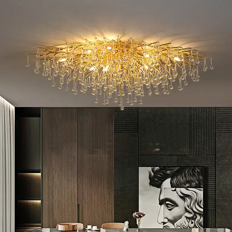 Luxury golden crystal ceiling chandelier with intricate branch metalwork and teardrop decorbites crystal ceiling design