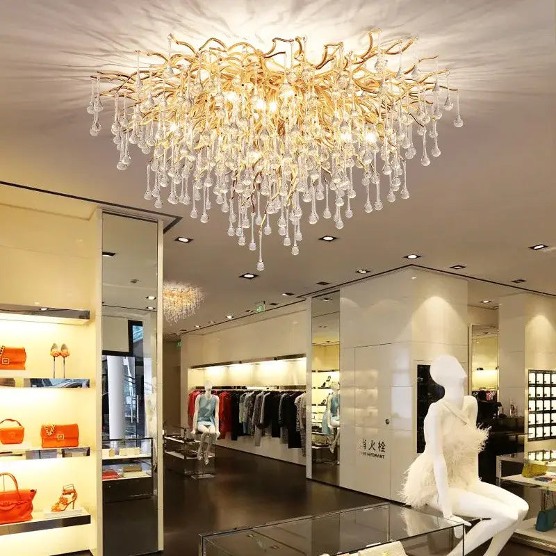 Luxury golden crystal ceiling chandelier with intricate branching arms and dangling crystal droplets for decorbites crystal ceiling decor