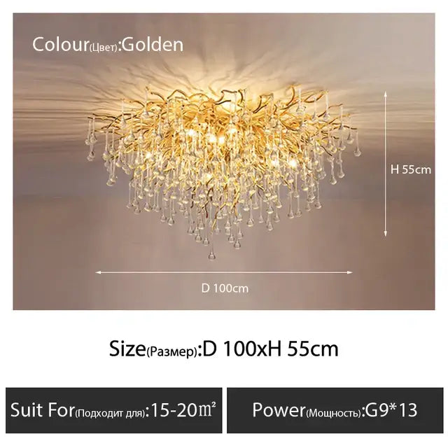 Luxury golden crystal ceiling chandelier with intricate branching metal arms and teardrop decor from decorbites crystal ceiling