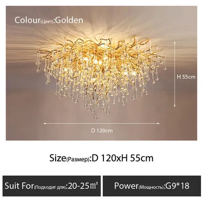 Luxury golden decorbites crystal ceiling chandelier with intricate branching arms and teardrop crystal droplets for living room decor