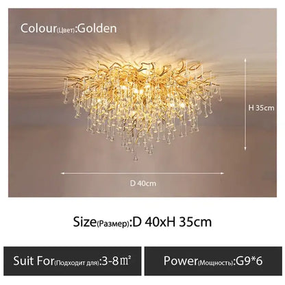 Luxury golden crystal ceiling chandelier with intricate branching arms and dangling teardrop decor by decorbites crystal ceiling
