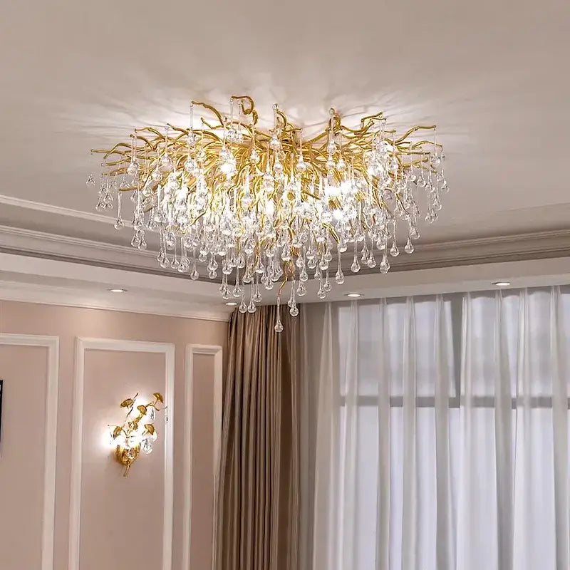 Luxury golden crystal ceiling chandelier with branch design and cascading teardrop droplets for decorbites crystal decor