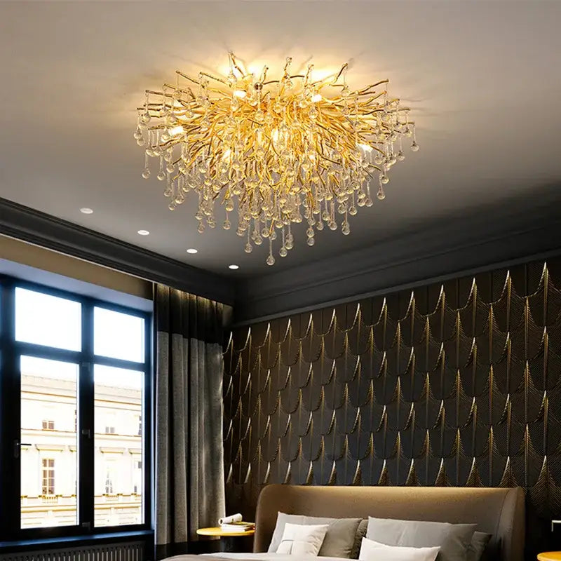 Luxury golden crystal ceiling chandelier with intricate branching arms and teardrop crystals for decorbites crystal ceiling decor