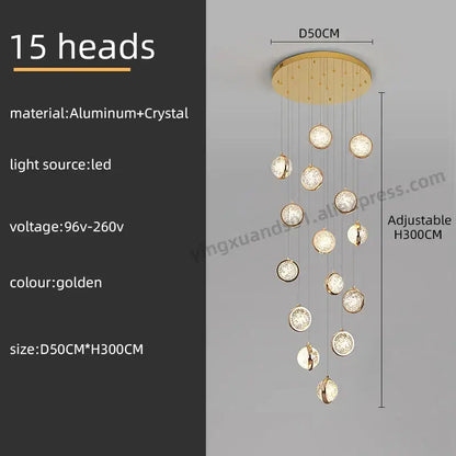 Luxury golden decorbites crystal ball led rotating stair chandelier with 15 crystal-encrusted led light heads on aluminum base