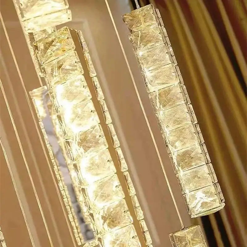 Luxury golden decorbites crystal led chandelier with rectangular faceted glass blocks for living room pendant lighting
