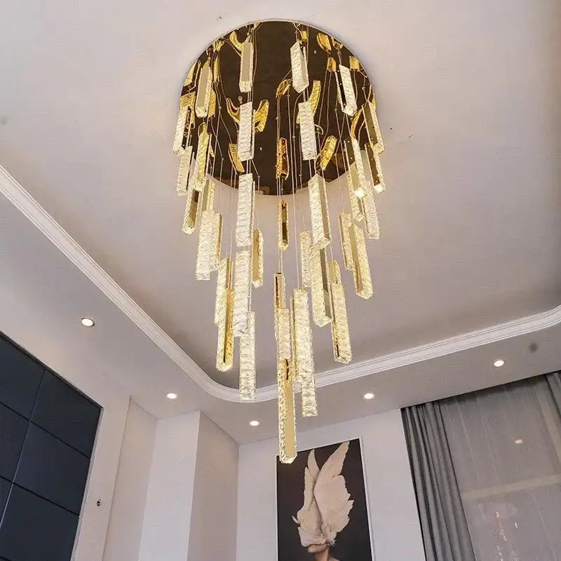 Luxury golden decorbites crystal led chandelier with cascading rectangular glass rods suspended from circular brass base