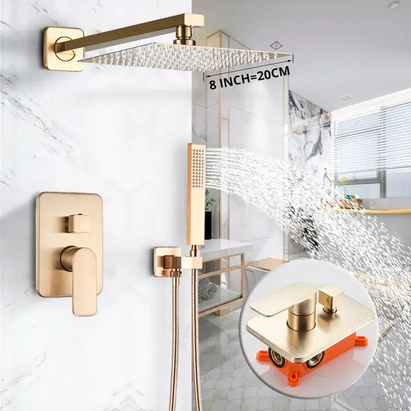Luxury golden hammered rectangular shower faucet set with a gold-toned square showerhead featuring a textured surface