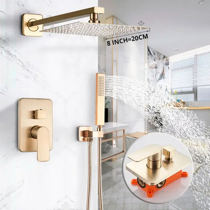 Luxury golden hammered rectangular shower faucet set with a gold-toned square showerhead featuring a textured surface