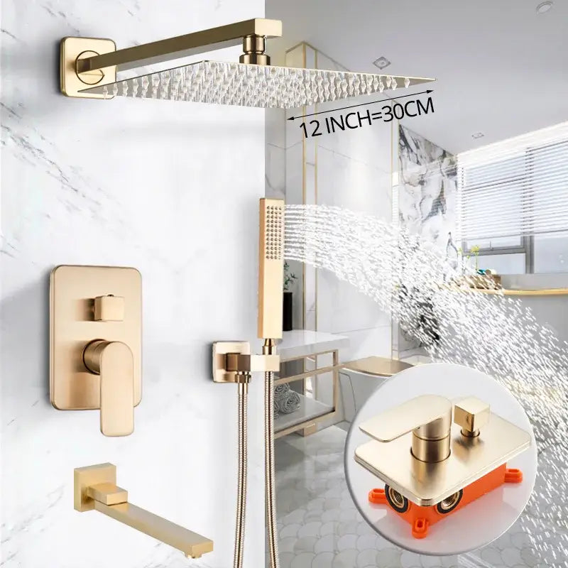 Luxury golden hammered rectangular shower faucet set with rain shower head and integrated handheld shower attachment