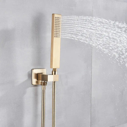 Luxury golden hammered rectangular shower faucet set featuring a gold-toned sleek shower faucet with textured spray pattern