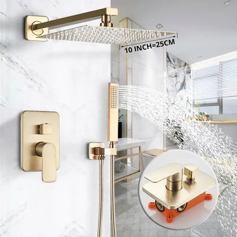 Luxury golden hammered rectangular shower faucet set with gold-toned rain shower head and integrated handheld shower faucet set
