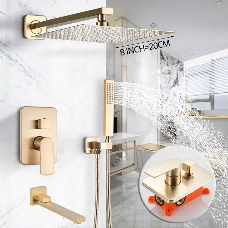Luxury golden hammered rectangular shower faucet set with gold-toned rain shower head and integrated handheld attachment