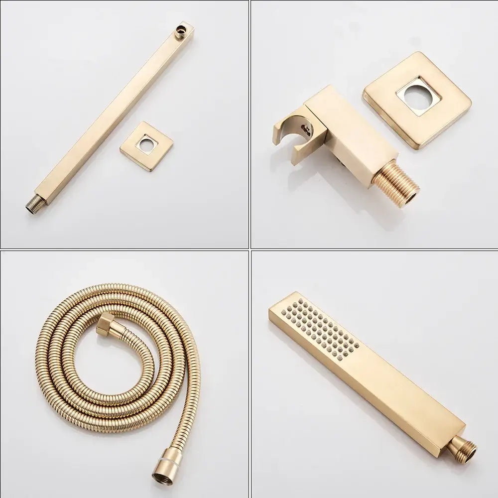 Luxury golden hammered rectangular shower faucet set with gold-toned showerhead featuring a grid of small spray holes