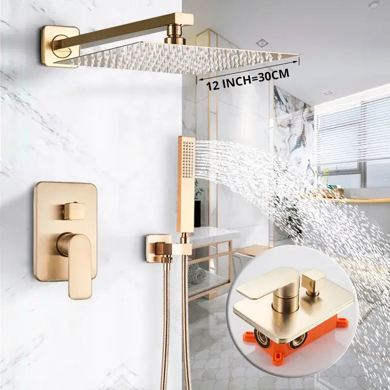 Luxury golden hammered rectangular shower faucet set with textured rain shower head and integrated handheld attachment