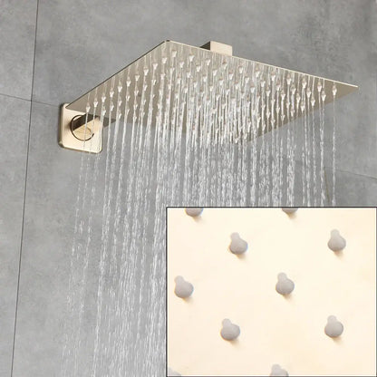 Luxury golden hammered rectangular shower faucet set with square brushed nickel rain shower head and multiple jets