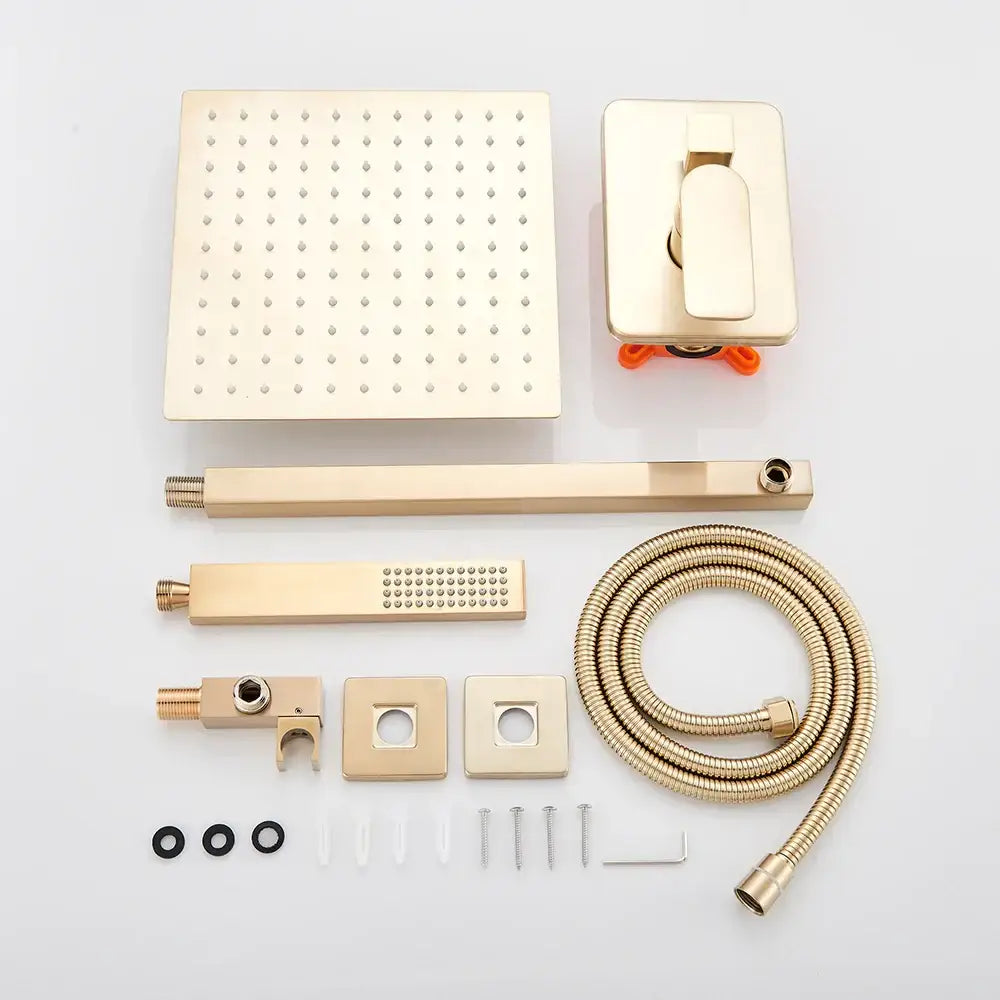 Gold-toned square shower head with small perforations in luxury golden hammered rectangular shower faucet set