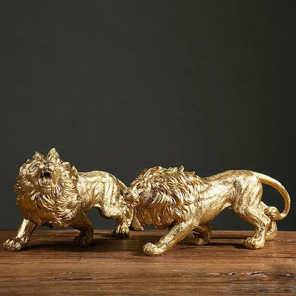 Luxury golden lion king resin figurines with detailed manes and fierce expressions for office desktop decor