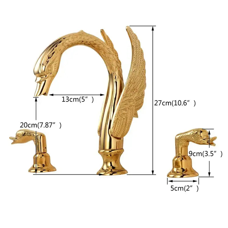 Luxury decorbites golden swan dual handle bathroom faucet with ornate winged design and polished metallic finish
