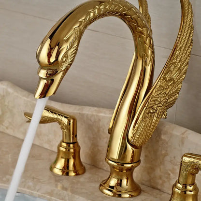 Luxury golden swan dual handle bathroom faucet with polished metallic finish and intricate feather detailing decorbites golden swan