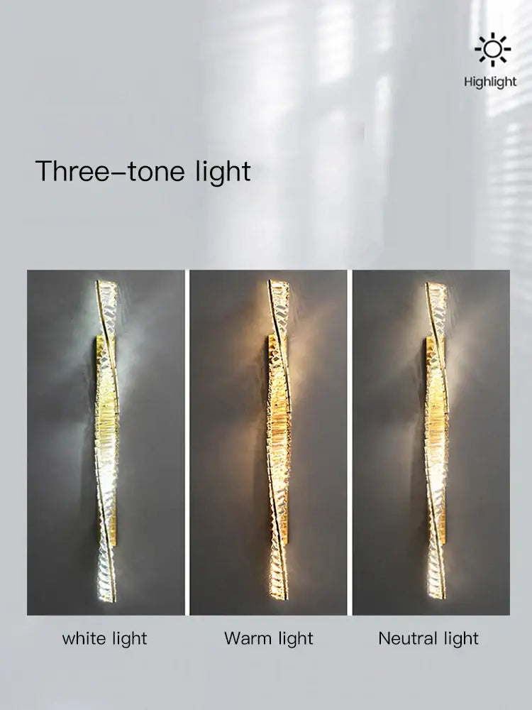 Luxury golden twisted crystal led wall sconce with metallic finish and white warm neutral decorbites crystal led tones