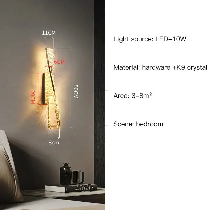 Luxury golden twisted crystal led wall sconce with k9 crystal accents and metallic hardware for elegant bedroom decorbites crystal led lighting