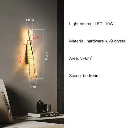 Luxury golden twisted crystal led wall sconce with k9 crystal accents and metallic hardware for elegant bedroom decorbites crystal led lighting
