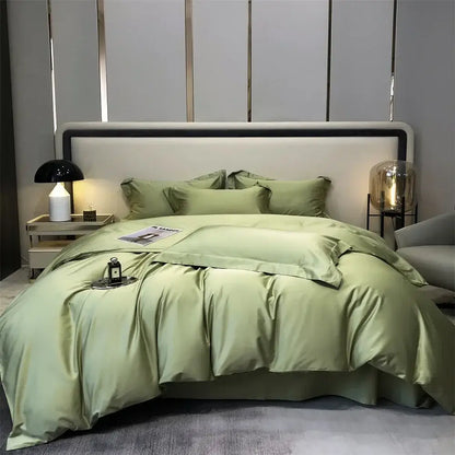 Luxury sage green satin duvet bedding set with matching pillowcases made from egyptian cotton bedding materials